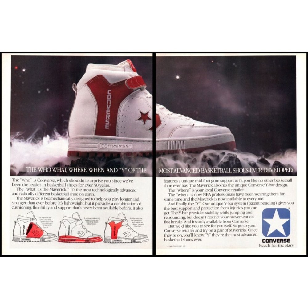1985 Converse Maverick High Top Sneaker 2 Page Vintage Print Ad Sneakerhead Art